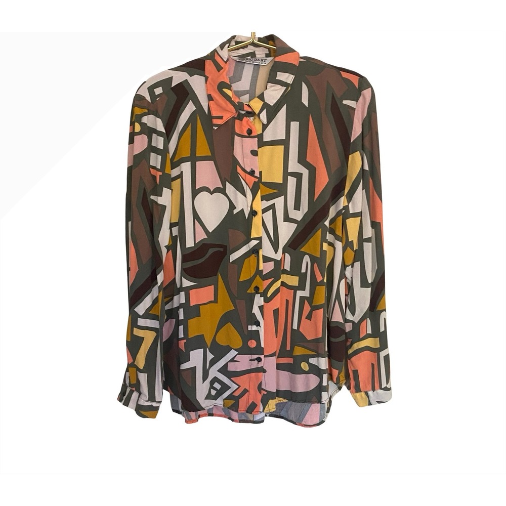 Big Dart Abstract Geometric Button Up Blouse Multicolor Viscose Size 10 - Picture 1 of 9